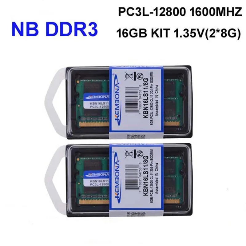 KEMBONA brand new sealed sodimm laptop ram DDR3L 16GB(kit of 2pcs ddr3 8gb) 1.35v PC3L 12800S LOW POWER 204pin ram memory