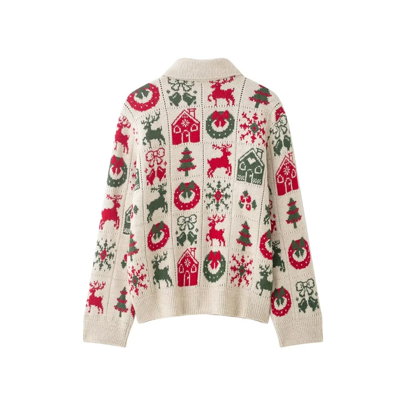 Cardigan vintage com padrão de Natal para mulheres, jaqueta de malha com árvore de rena fofa, casaco casual com gola com botões