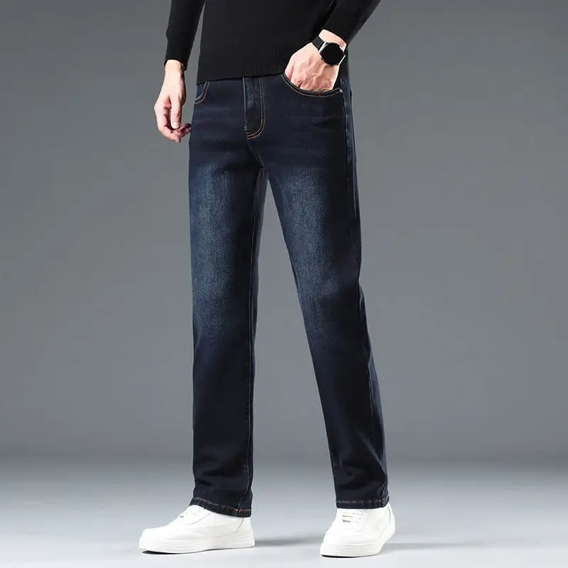 Men's Business Straight Leg Jeans Full Length Casual Denim Trousers Stretch Elastic Fabric Black color Fit Pant Plus Size 29-46