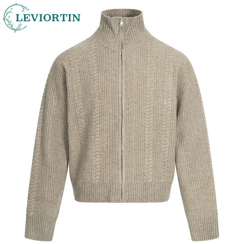 

Европейский модный бренд, свободный однотонный жаккардовый кардиган на молнии Fried Dough Twists, свитер с высоким воротником, пальто