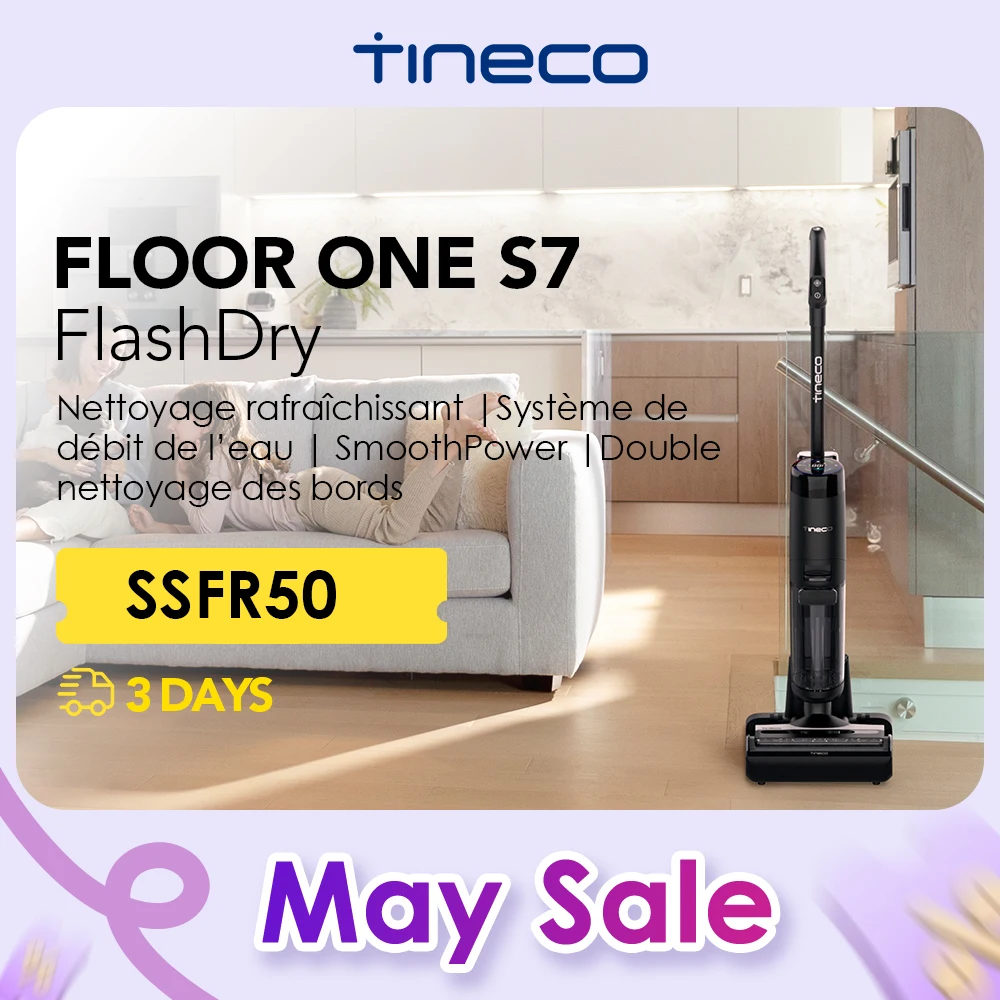 Tineco Floor One S7 FlashDry Nettoyeur de Sol Intelligent sans Fil Aspirateur Sec et Humide Auto-nettoyant Séchage FlashDry à air Chaud à 70°C Nettoyage des Angles des 2 côtés Longue Autonomie