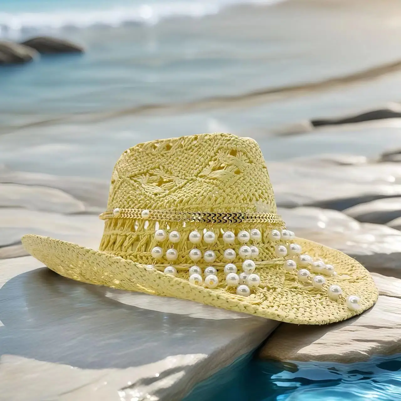 HongLuan Vintage Cowboy Straw Hat Man for Cowboy Hat Party - หมวกคาวบอยตะวันตกสําหรับผู้หญิงหรูหราด้วยไข่มุกเทียม