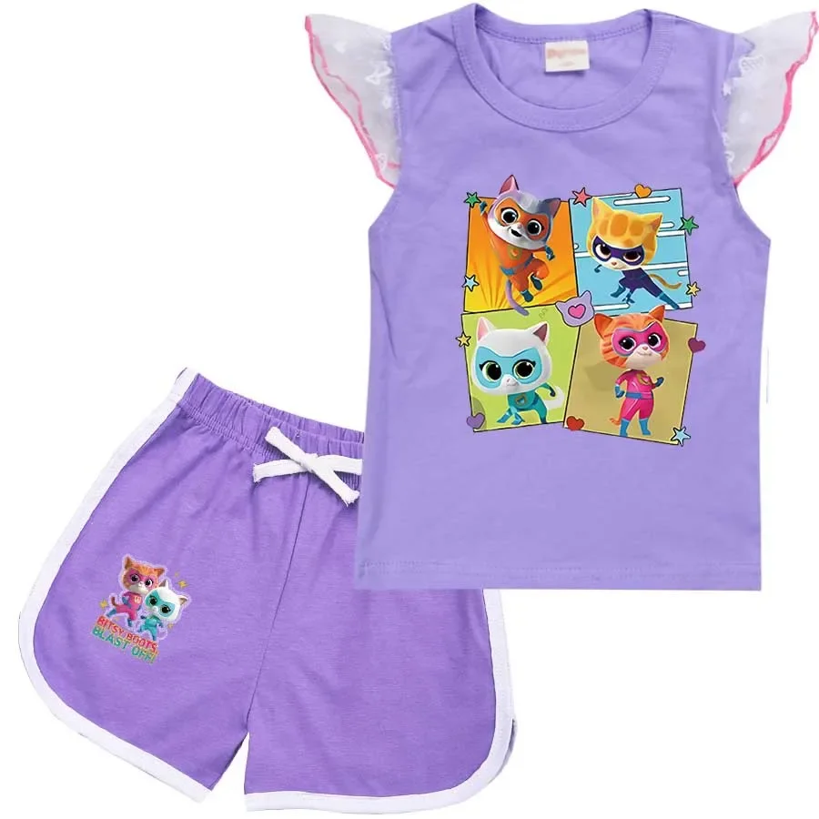 Superkitties-Conjunto de ropa de Cosplay para bebé y niña, camiseta informal de dibujos animados, pantalones cortos, conjuntos de 2 piezas, traje de Halloween