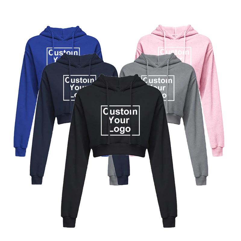 Mode Dames Op Maat Van Uw Logo Sexy Casual Lange Mouw Korte Sweatshirt Met Capuchon, Effen Crop Tops Trui Met Capuchon