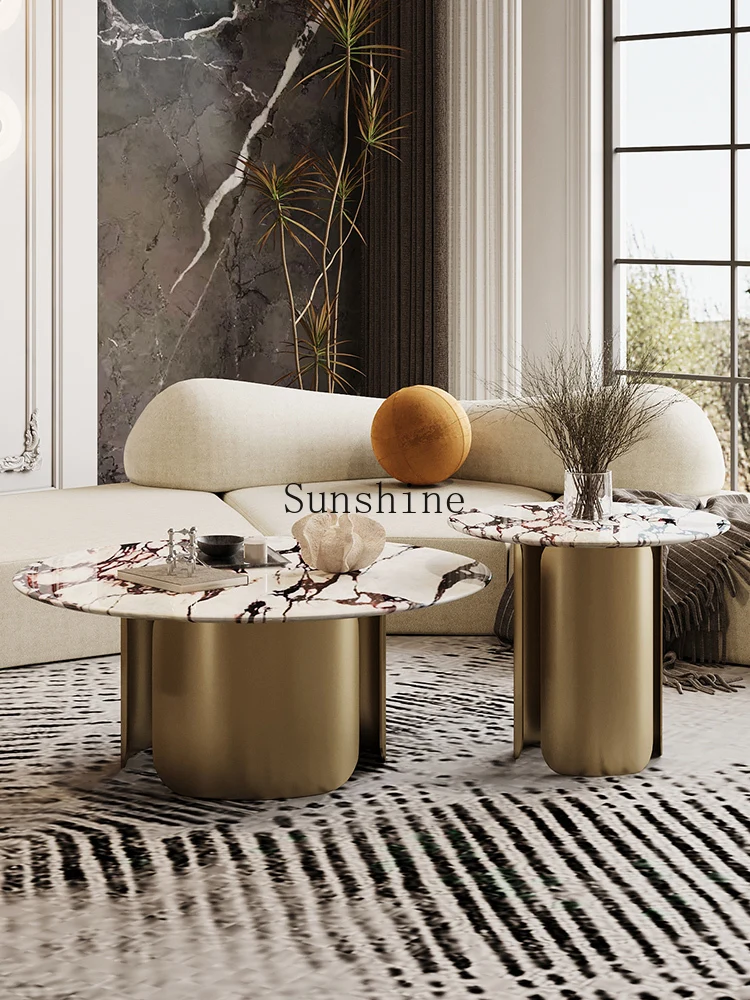 طاولة قهوة مستديرة من الرخام الإيطالي البسيط، شقة صغيرة منزلية فاخرة وخفيفة الوزن
