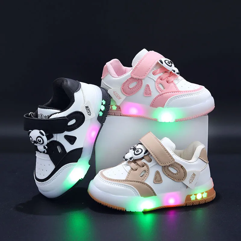 Kid Shoes LED Luminous Sneakers Cartoon Panda Skateboard Sports Shoes Girls Casual Board Shoes Outdoor Baby Walking Toddler Shoe