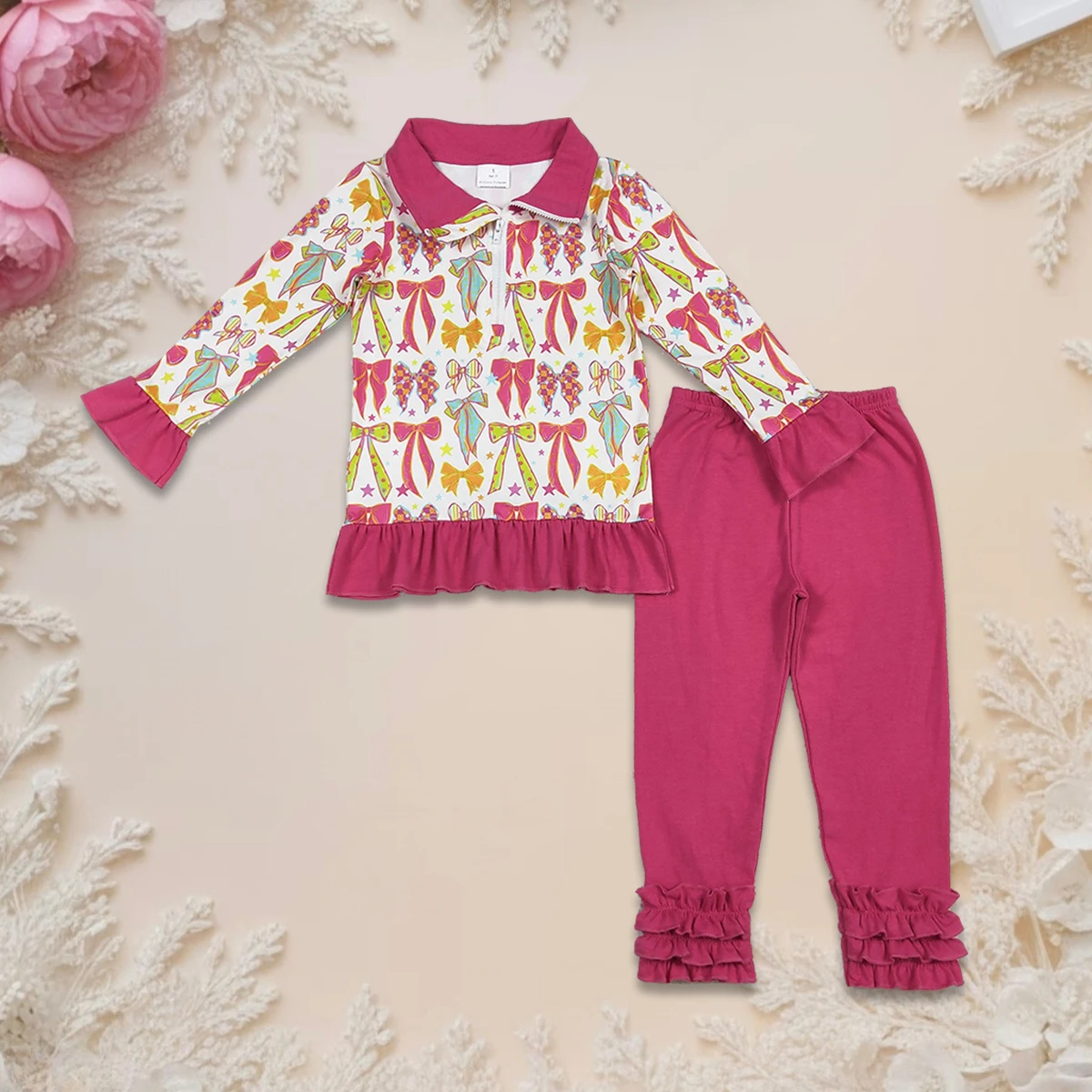 

Hot Sale Baby Girl Clothes Set Pink Bows Stars Kids Long Ruffle Sleeves Infant Toddler Zipper Tops and Ruffle Pants Outfit Wear