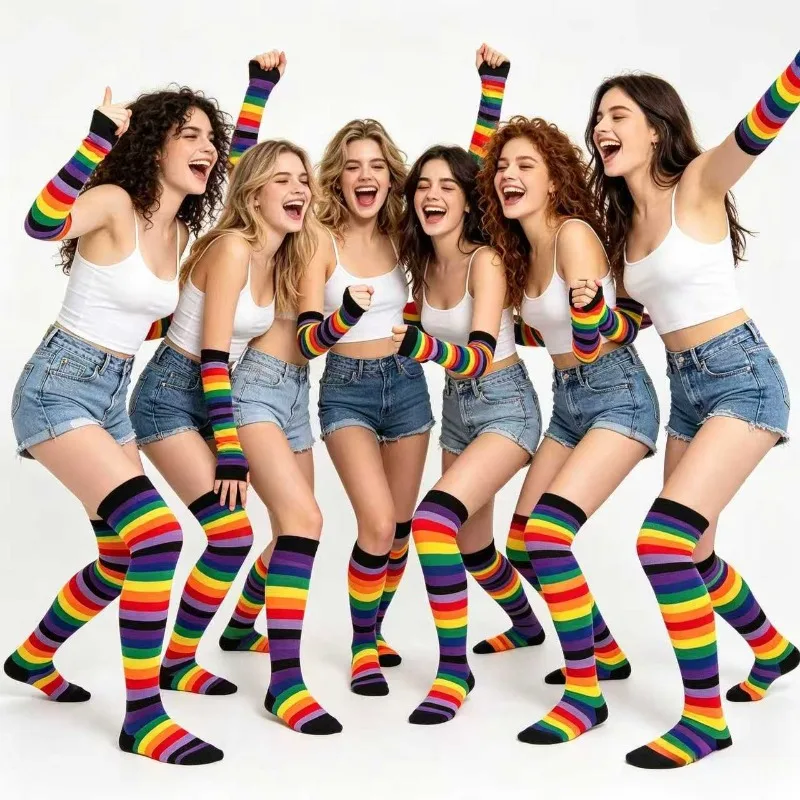 

Bold Soft Rainbow Stripe Cotton Over Knee High Sock Casual Arm Sleeve Set Holiday Masquerade Cosplay Performance Accessories
