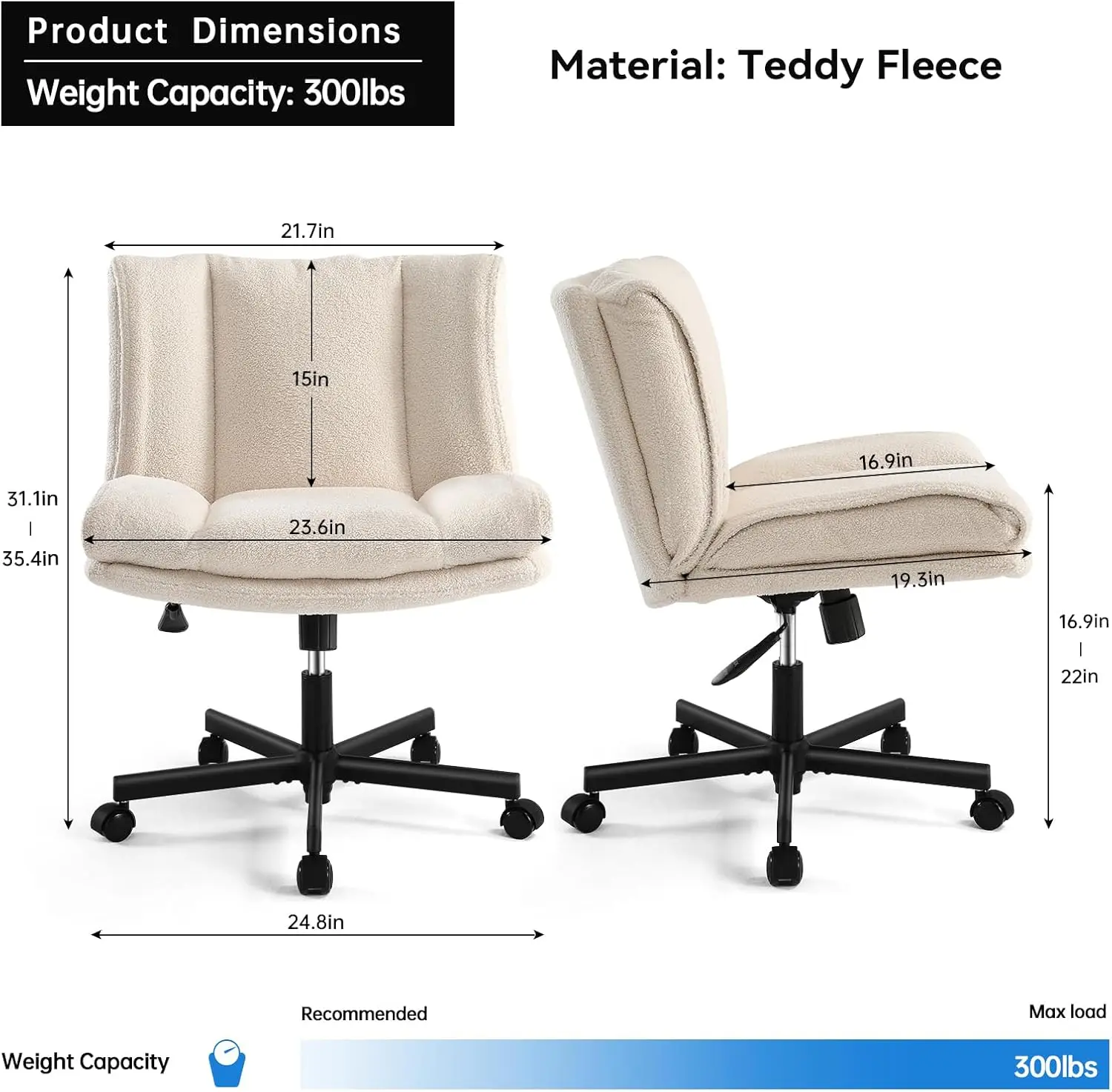 Sedia incrociata con ruote, sedia da scrivania pelosa senza braccioli, comoda sedia da ufficio con gambe incrociate e sedile largo, elegante C regolabile in altezza