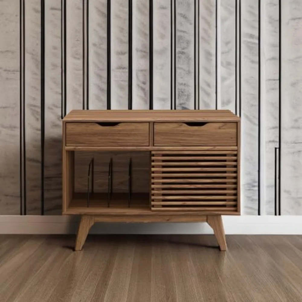 Render Mid-Century Modern Vinyl Record Storage Display Cabinet, 37 Inch, Walnut