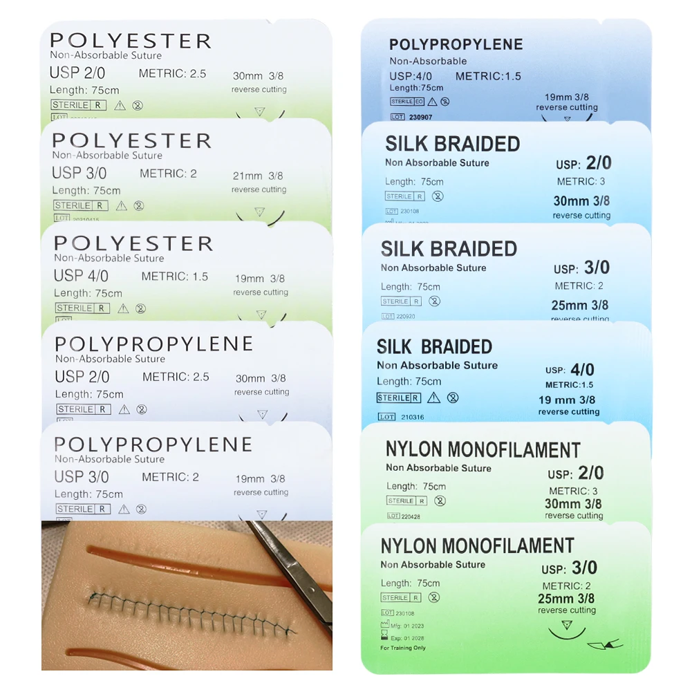 2/0 3/0 4/0 Medical Dental Sutures Nylon Silk Polypropylene Polyester Surgical Simulation Suture for Suture Teaching Exercises