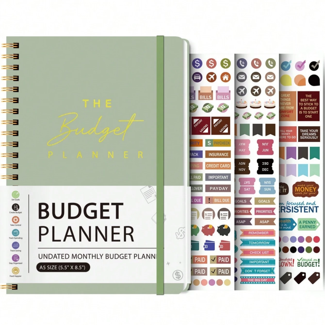 A5 Budget Planner Book with 3 Sheets Stickers, Undated Monthly Finance Organizer, Budget Journal for Money Management, Cash Flow view 5