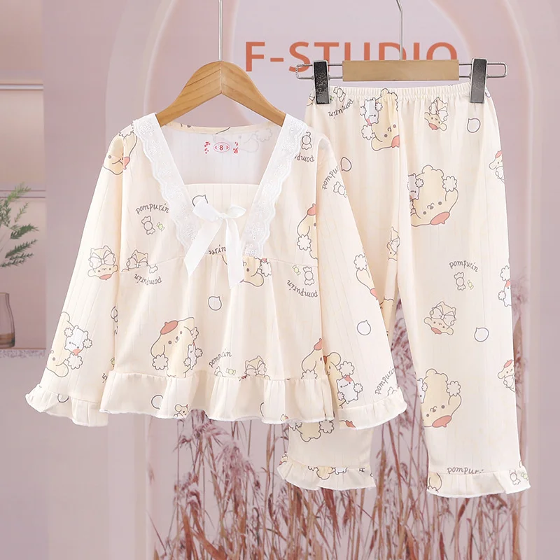 Miniso New Kawaii Kids Sleepwear Anime Kuromi Pochacco Cinnamoroll Children's Pajamas Girl Pijama Spring Loungewear Home Clothes