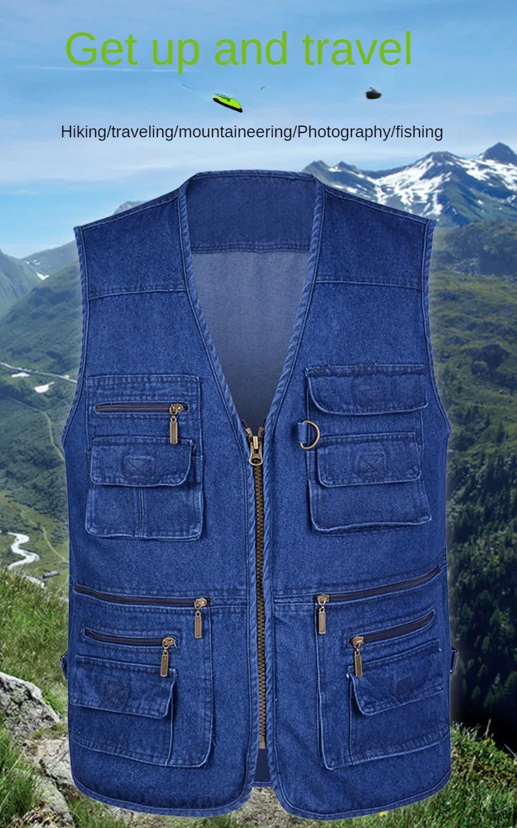 Summer Men's Denim Blue Loose Multi-pocket Casual Outdoor Tooling Solid Color Vest Fishing Vest Overalls