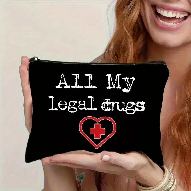 Black Medicine Pouch With Prints | Humorous Travel Accessory Bag Compact First Aid Kit For Cosmetics Multifunctional Pill Orga