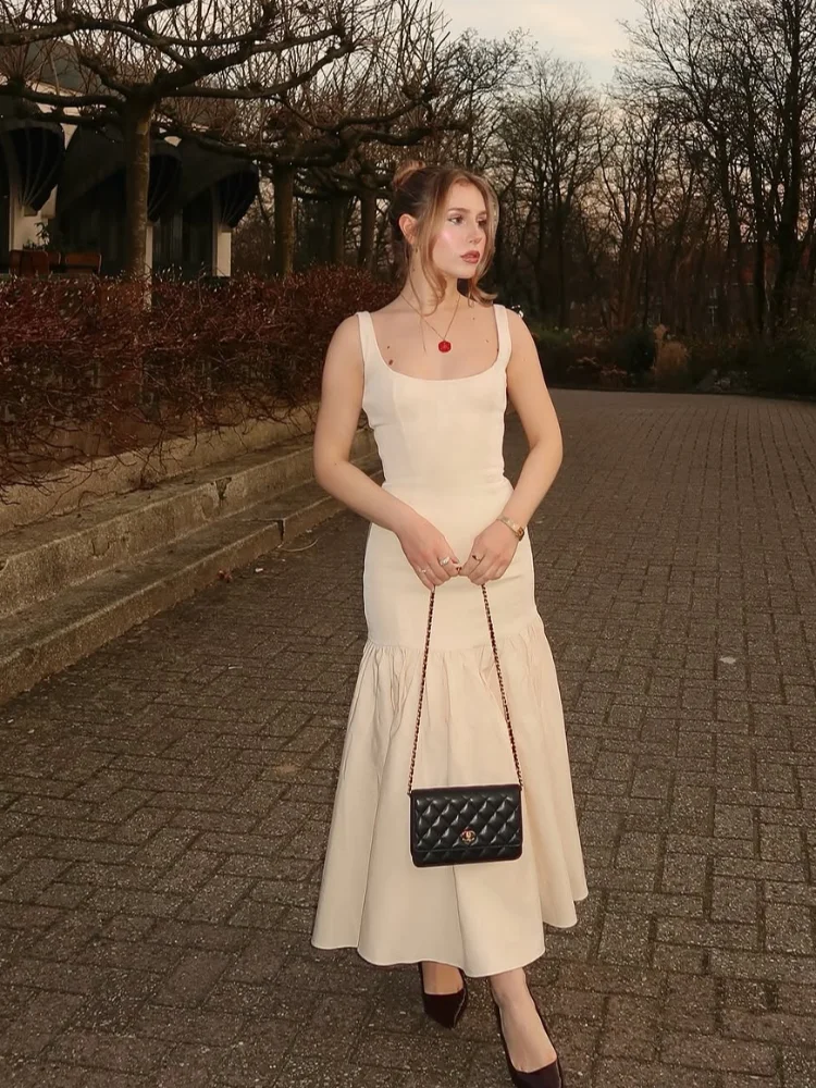 Abito lungo a pieghe solido Abito lungo da donna elegante con scollo quadrato senza maniche con spalle scoperte Abiti maxi slim Abiti da sera da donna