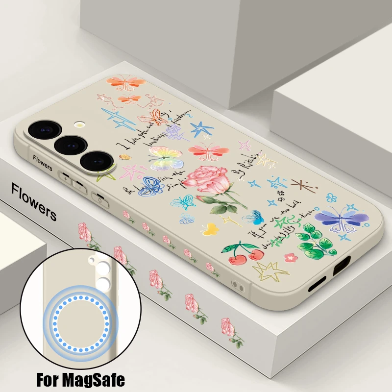 Magnetic Case For Samsung Galaxy S23 S24 S22 Ultra Plus S23 S21 FE For Magsafe Wireless Charge Artistic Flower Lanyard TPU Cover