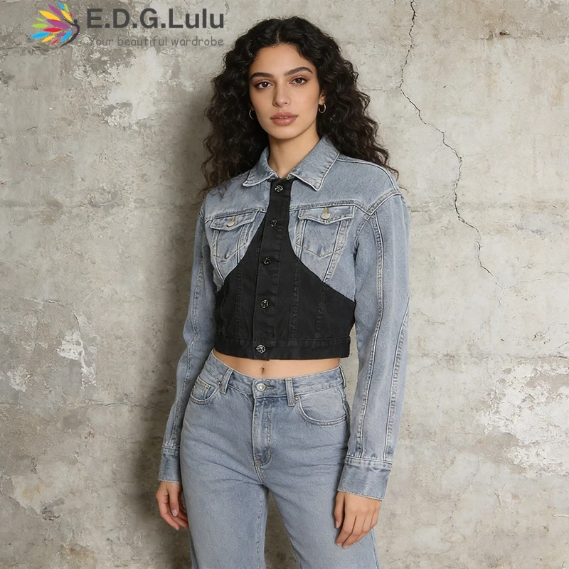 

EDGLuLu 2026 Новинка: Женская однобортная черная джинсовая куртка с вставками, модная приталенная укороченная повседневная куртка-пальто 0412