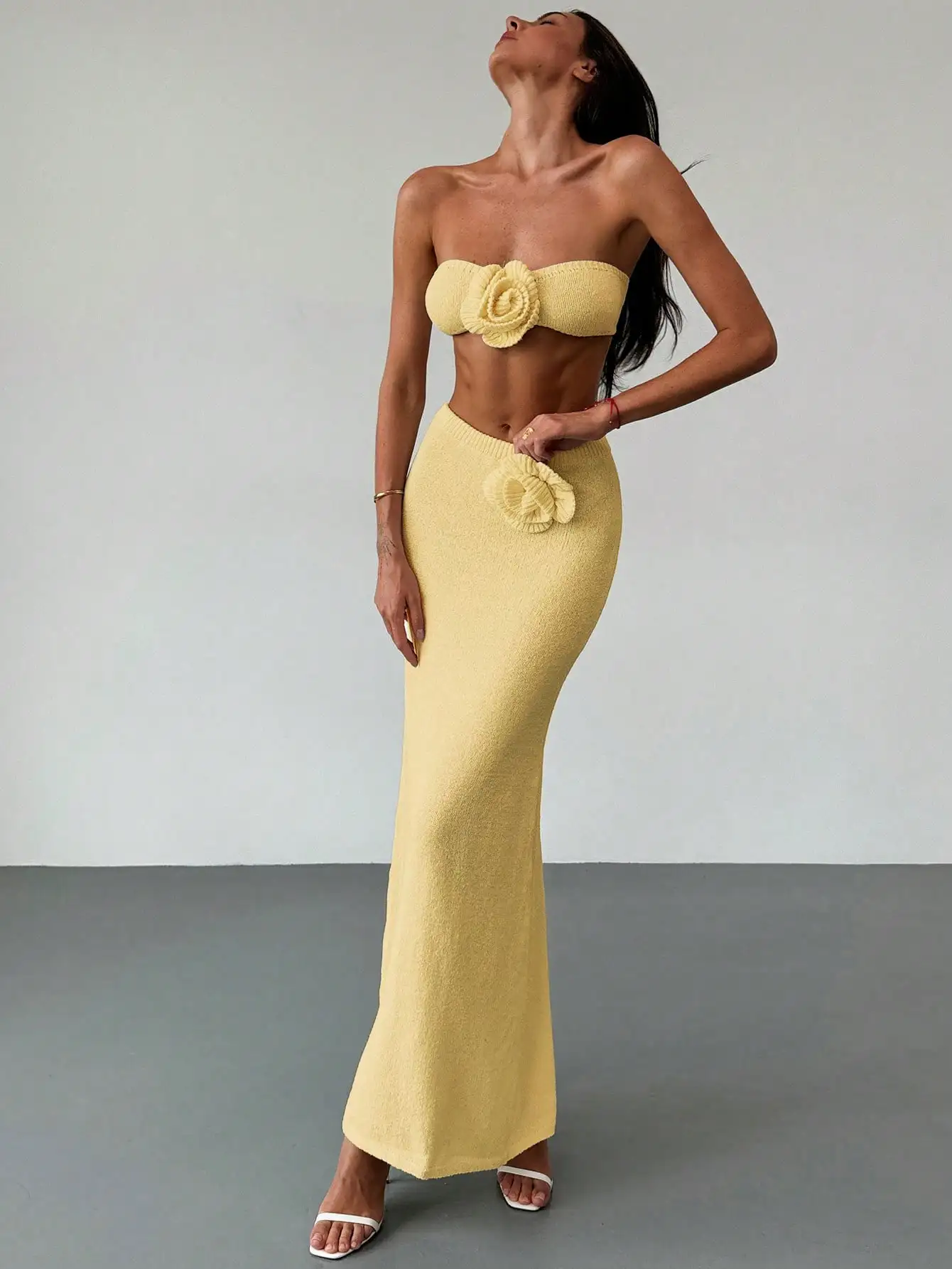 2-Piece Knitted Set: Off-Shoulder Top & Maxi Skirt with 3D Flower Detail in Apricot