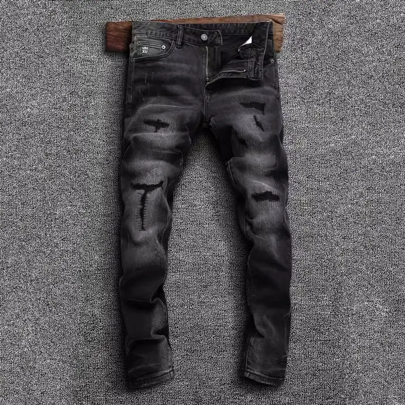 Jean Déchiré Rétro Noir et Gris pour Homme, Pantalon de Motard, Slim Fit, Épissé, de Styliste, Hip Hop, à la Mode