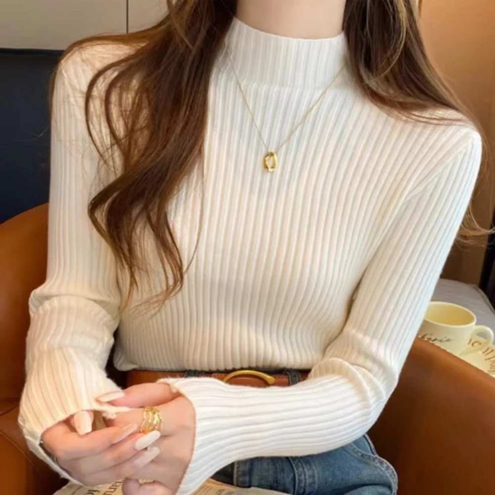 Elegant Solid Color High Collar Sweater Slim Fit Elastic Knit Long Sleeve Pullover Warm Knit Sweater Women
