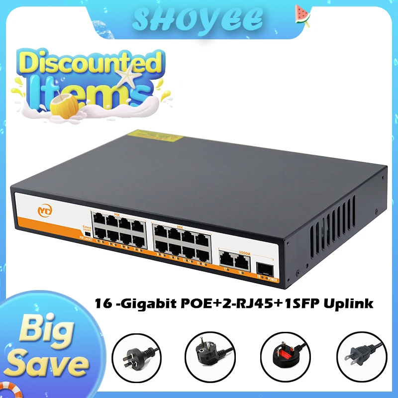 

19-Port Gigabit POE RJ45 Ethernet Switch SFP with for 802.3af/at Uplink Unmanaged Plug and Play,for IP Camera/NVR