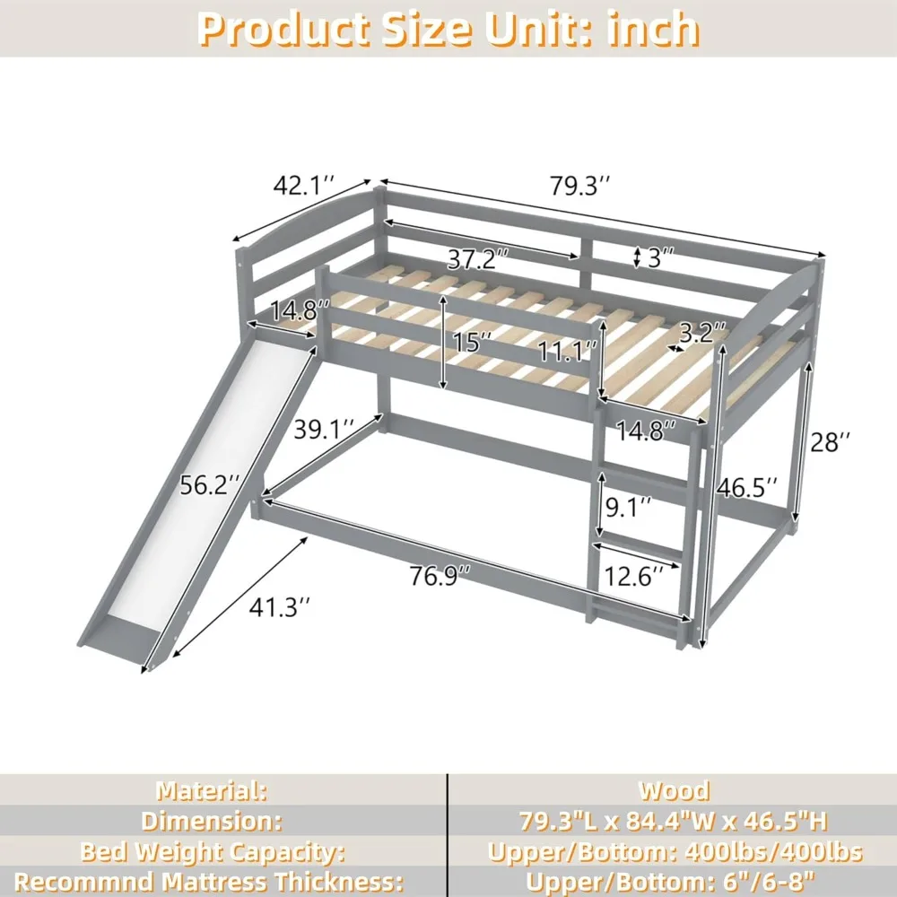 سرير مزدوج بطابقين منخفض مع منزلق، سلم، قضبان أمان، سعة 400 رطلاً للمراهقين والكبار #2