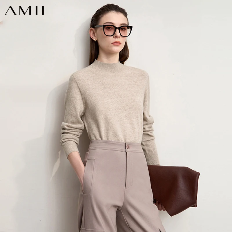 

AMII Women's Sweater 2025 Winter New Versatile Knitted Top Female Mock Neck Elegant Long Sleeves Wool Sweater for Woman 12523168