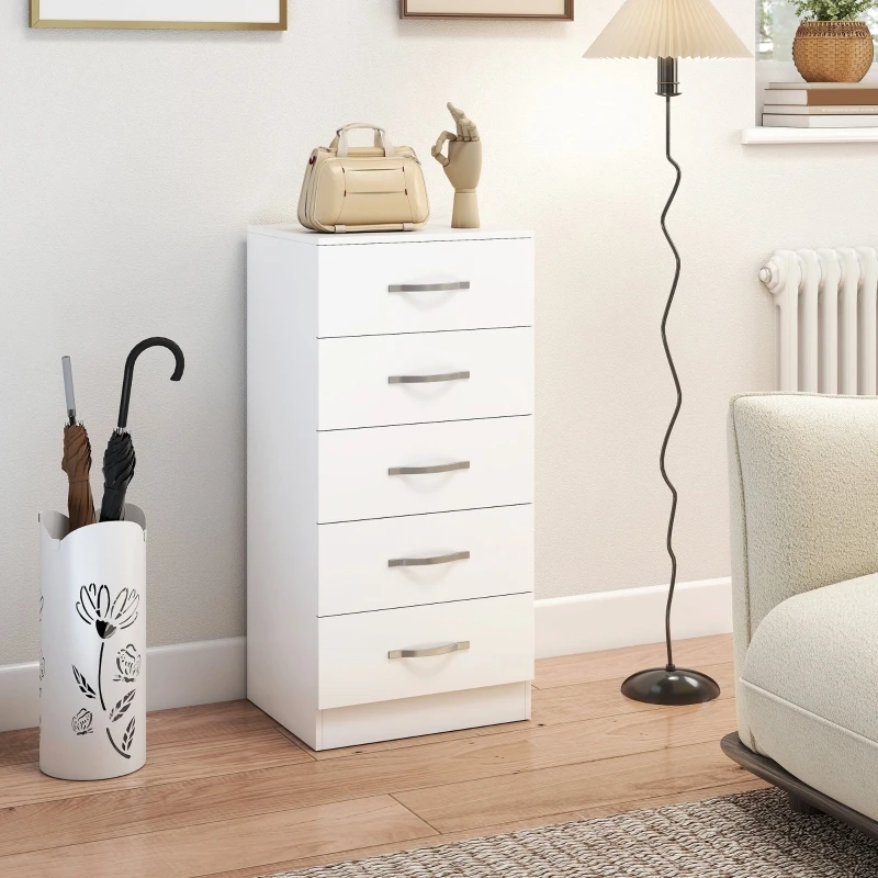 White 5-Drawer Chest – Wooden Dresser, Compact Storage Cabinet for Bedroom & Hallway