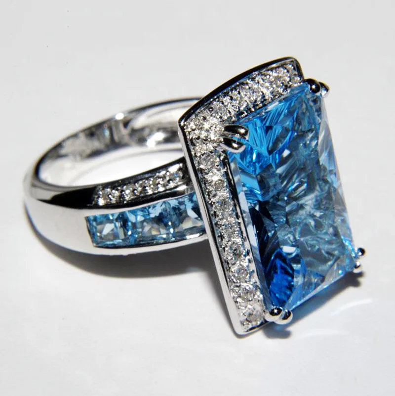 Delicate Favorite Aquamarine Topaz Sapphire Princess Baguette Couple Ring For Women Geometric Full Diamond Anniversary Jewelry