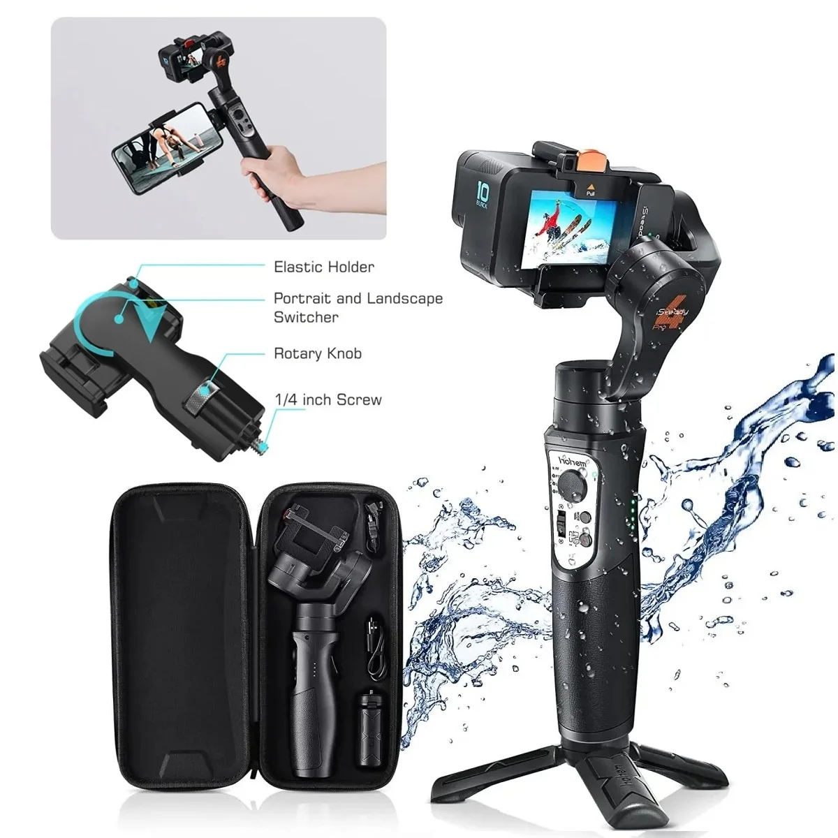 Bluetooth 3 Axis Gimbal Stabilizer for Gopro12/11/10/9/8 Insta360 DJI OSMO Action Camera, Waterproof Anti Shake Handheld Tripod