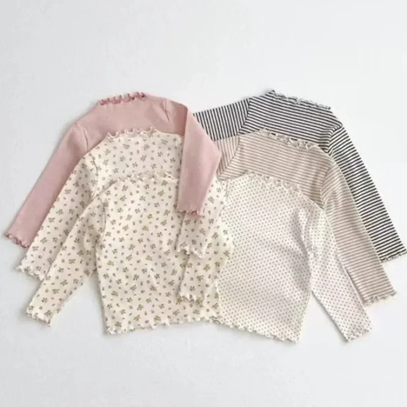 Autumn Winter Baby Wood Ear Edge Long Sleeve T-shirt Girls Cotton Ski Suit Girl Underlay Versatile Top Kids Children clothes