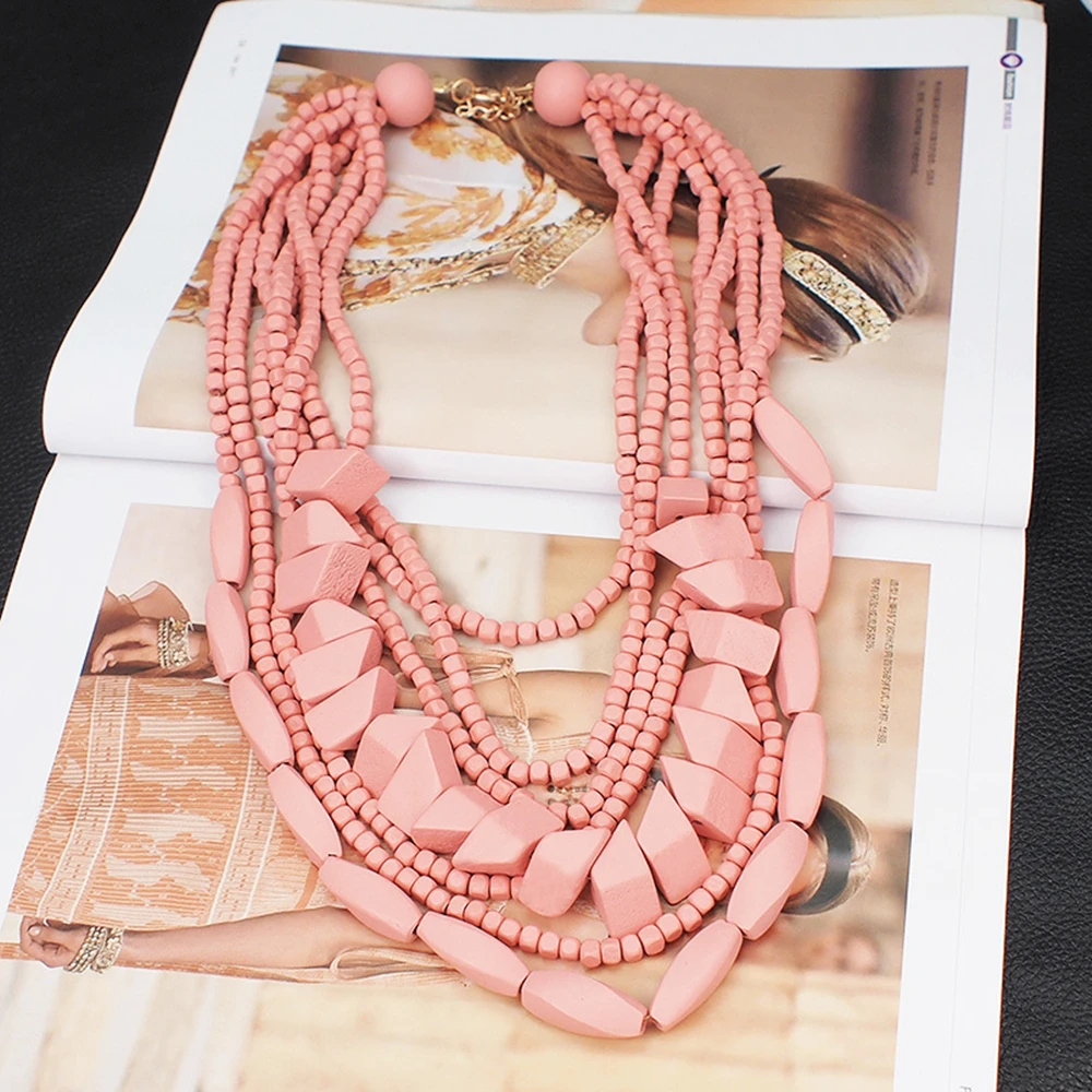 Multilayer Wood Bead Choker Necklaces For Women Handmade Beaded Pendant Statement Colorful Necklace Bohemian Fashion Jewelry image 5