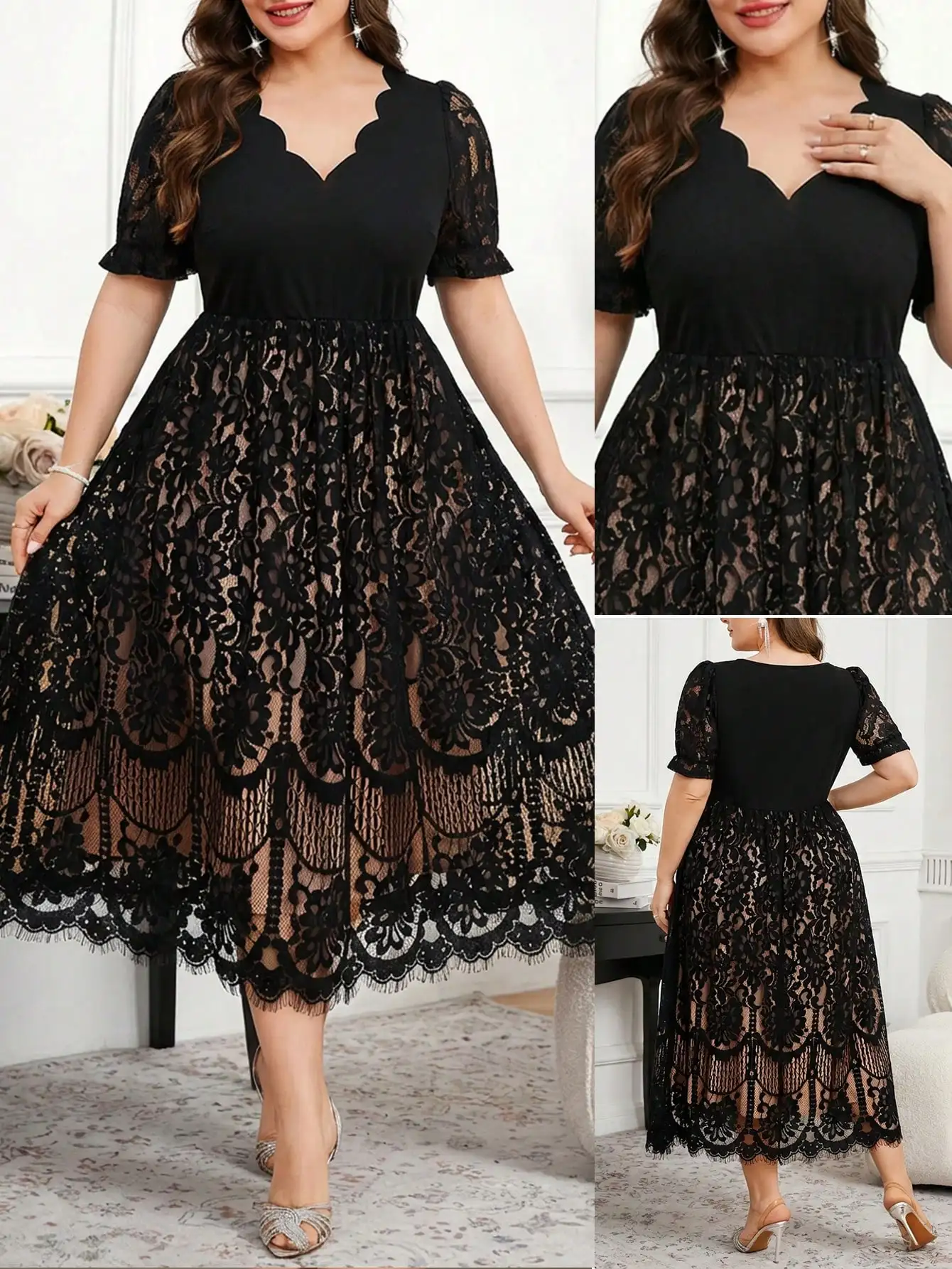 

Plus Size Women V-Neck Lace Patchwork Ruffle Waist Elegant Party Short Sleeve Midi Dress Black