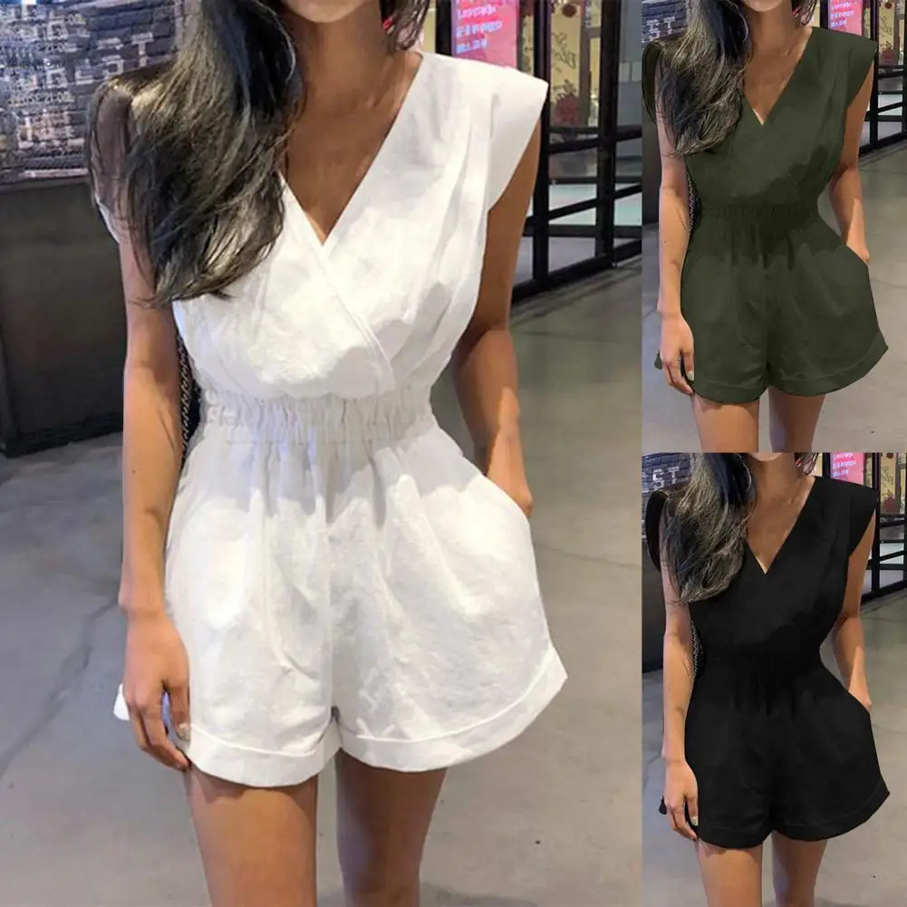 Rompers Comfortable Short Rompers V-neck Colorful  Washable Summer V Collar Sleeve-less Shorts Jumpsuits