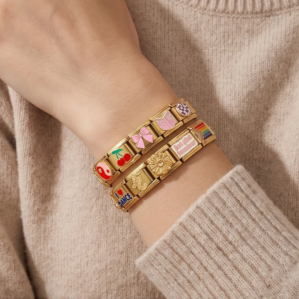 New Fashion Gold Color Dainty Summer Rainbow Heart Cherries Italian Link Fit 9mm Bracelet Making DIY Stainless Steel Jewelry