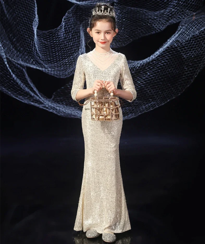 

Beadings Children's Princess Dress Shiny Sequined Dress For Girls 12 Years 14 Years Mermaid Elegant Teen Party Evening Dress