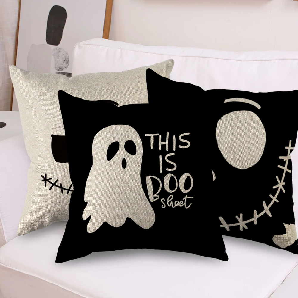 Hollow Skull Linen Square Throw Pillow Case Decorative Cushion Cover Pillowcover for Sofa 18