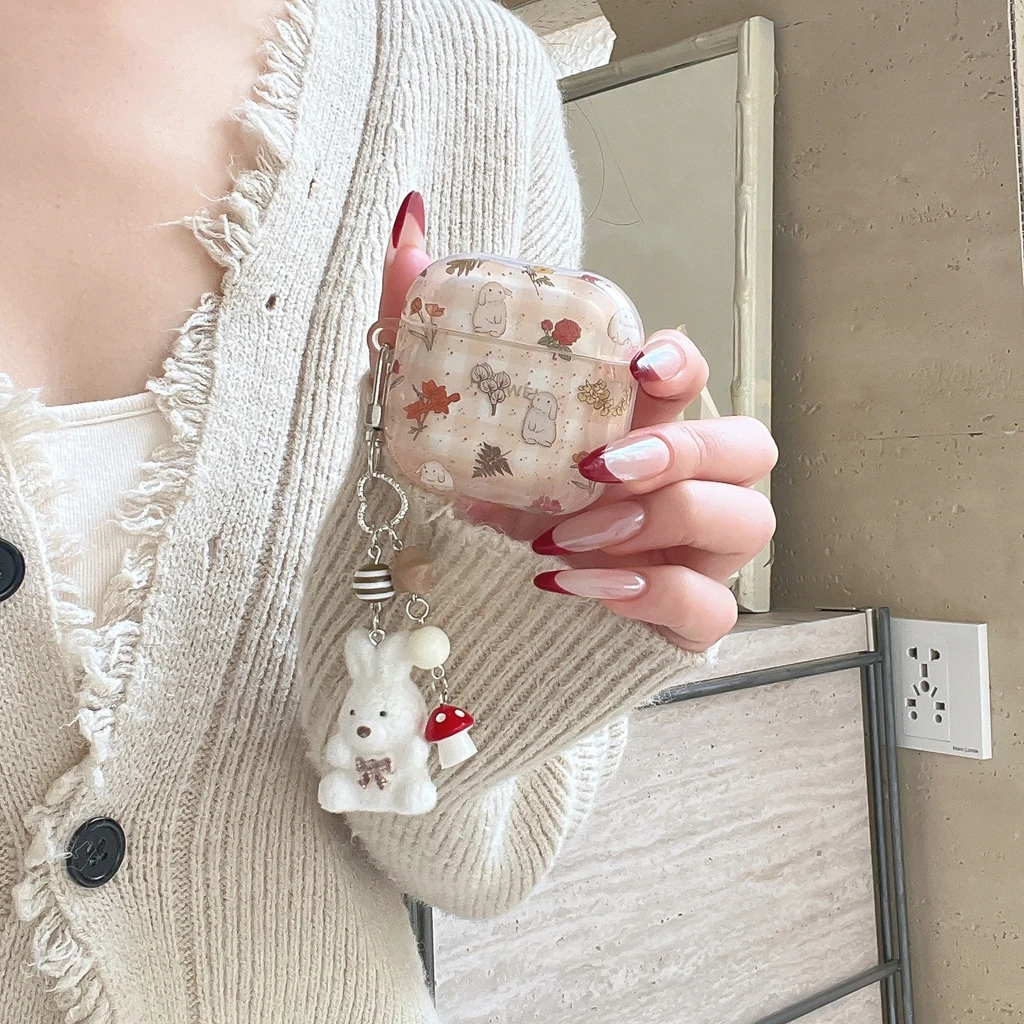 Waldstil Niedliche Hasen-Blumen Kariert mit Anhänger Stoßfeste Kopfhörer-Schutzhülle für Huawei FreeBuds 6i 5i SE3 SE2 FreeClip 2