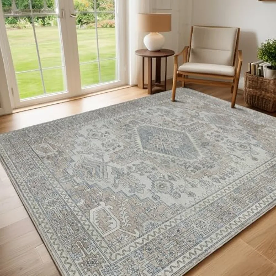 

Machine Washable 8x10 Area Rugs for Living Room, Ultra Soft Low Pile Retro Vintage Distressed Accent Rug in Beige/Brown, Non-Sl