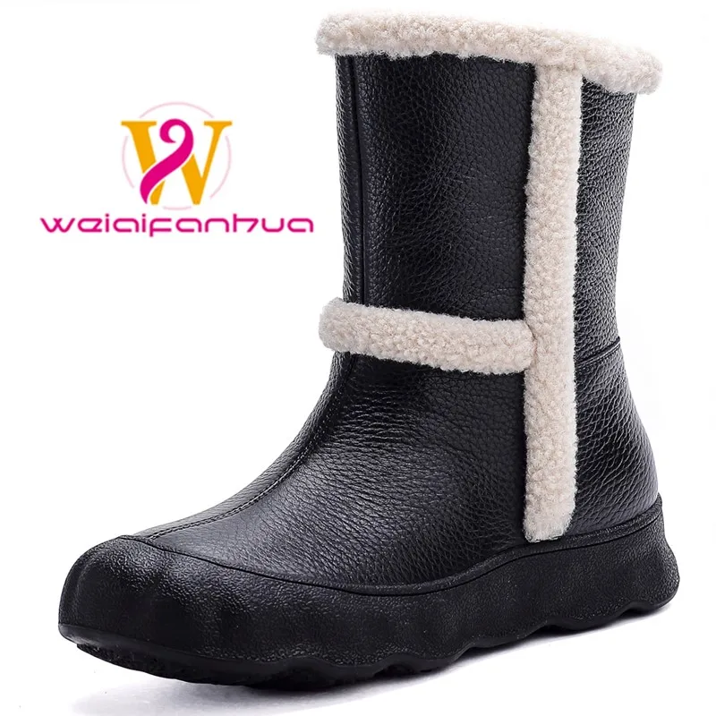 Layered Cowhide Women's Mid-calf Winter Boots with Warm Padded Lining and Anti-slip Thick Sole for Snowy Terrain. Womens Boots