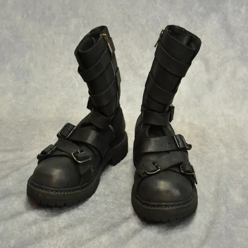 Men's Multi Buckle Straps Chunky Heels Mid-Calf Boots 2026 Side Zipper Round Toe Work Boots Fashion Gothic Boots Men Shoes