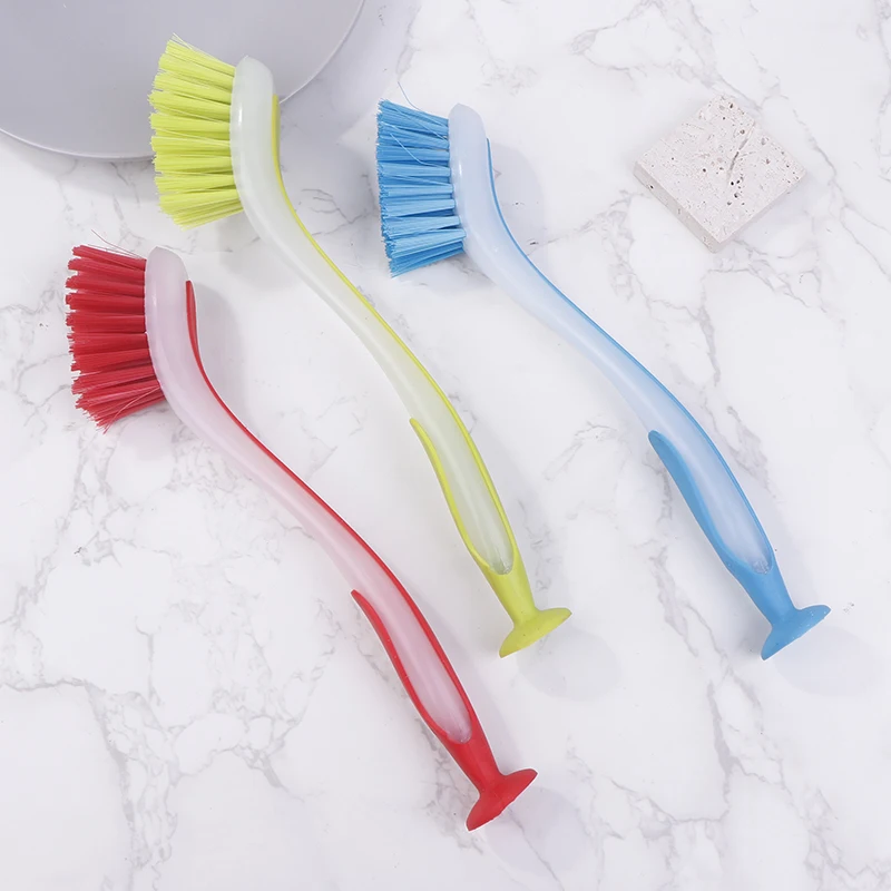 1pc Pot Cleaning Brush Vertical Multifunction Kitchen Suction Cup Type Sink Cleaning Scrub Brush Long Handle