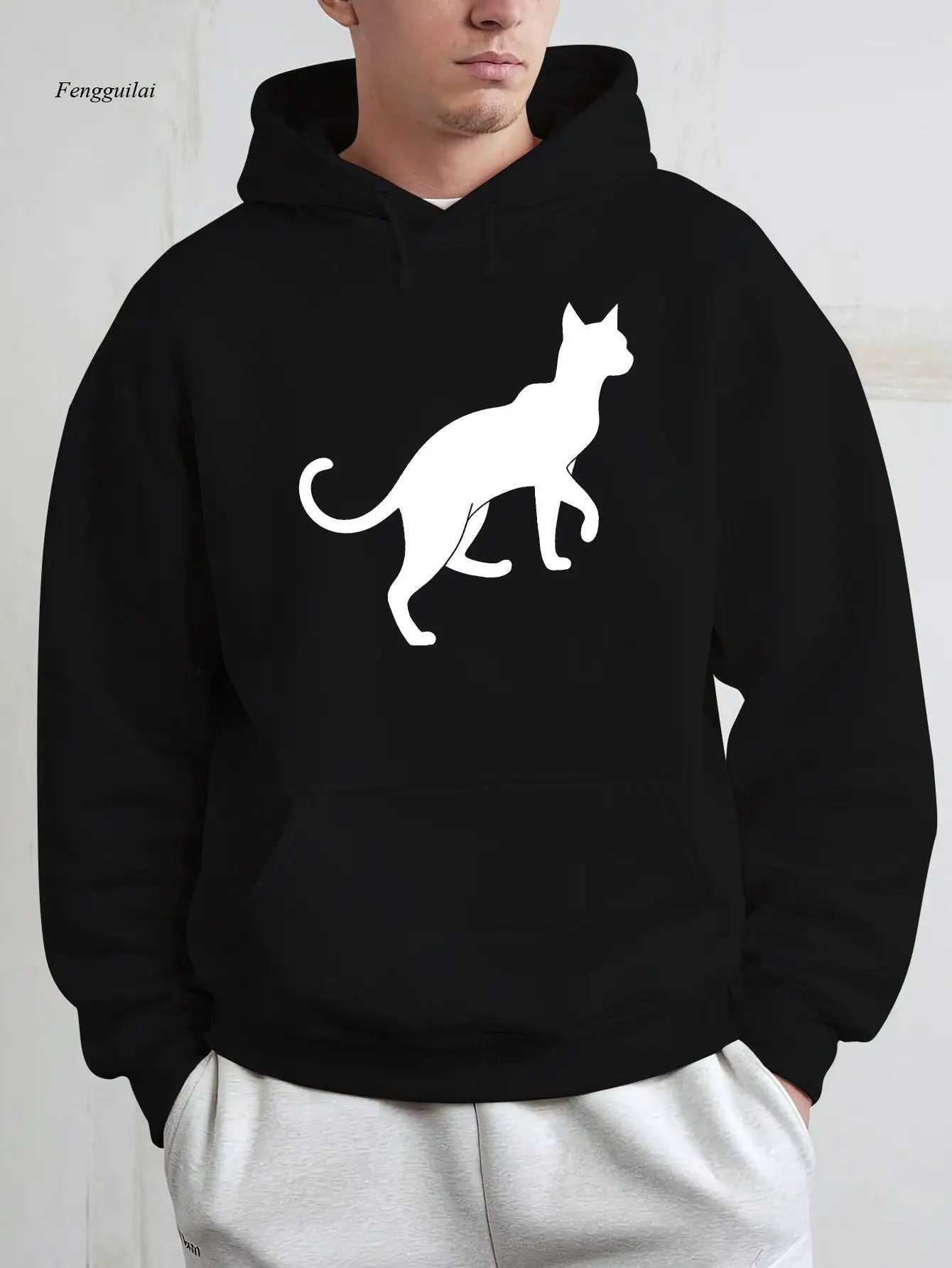 

Черная толстовка с принтом белого прогулочного кота — теплый зимний пуловер, подарок для любителя кошек с капюшоном