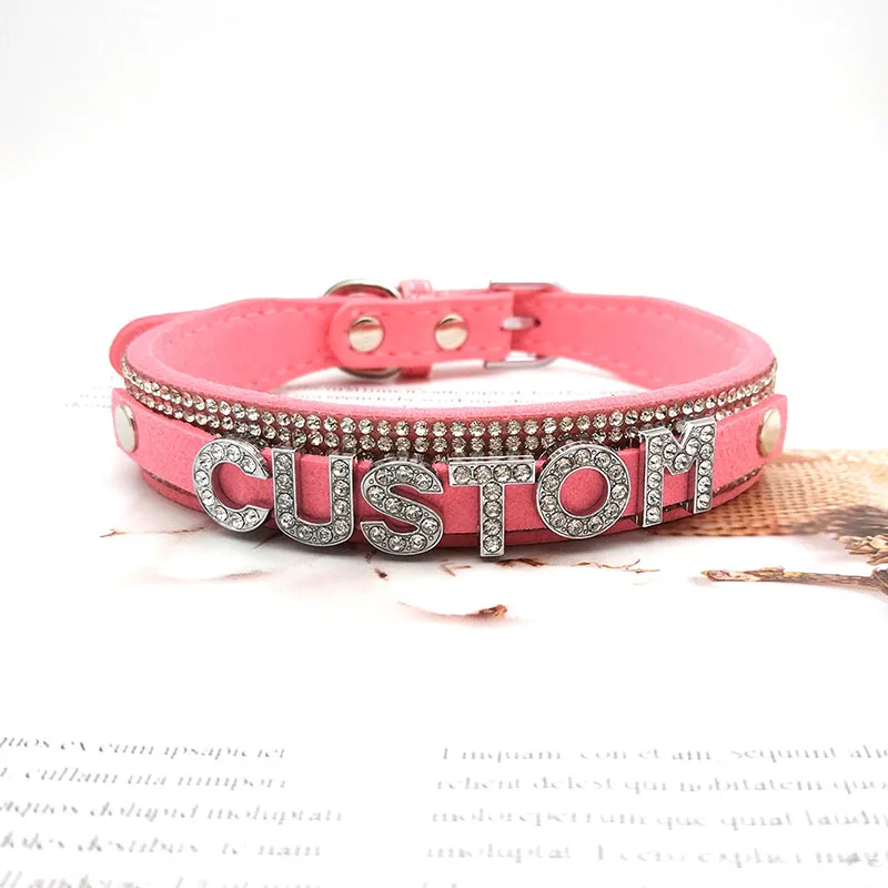 Pink Soft Microfiber Leather Diamante Rhinestone Letters Custom Collar Choker Necklace Women Men Sexy Customized Name Jewelry