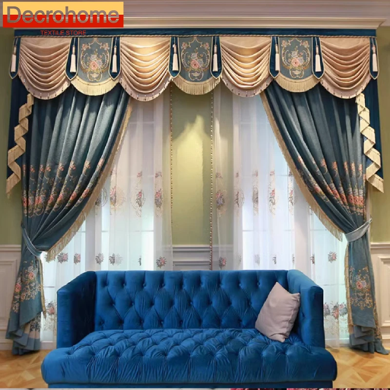 Customised Blue Jacquard Chenille Tassel Curtains for Living Room Bedroom Balcony Villa Embroidery Window Screen Valance