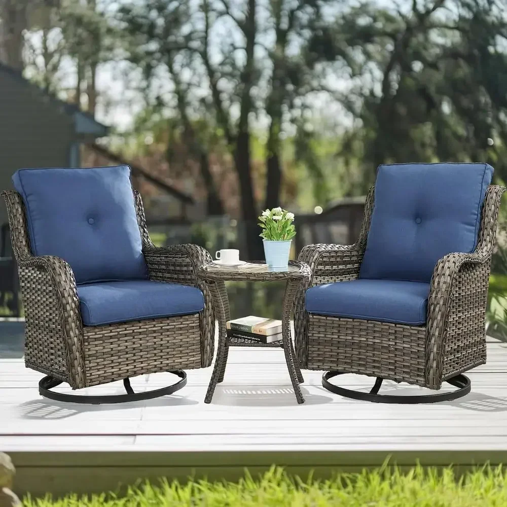 Outdoor 3-Piece Swivel Rocking Rattan Patio Bistro Set with Cushioned Wicker Chairs and Glass Coffee Table (Grey, Blue)