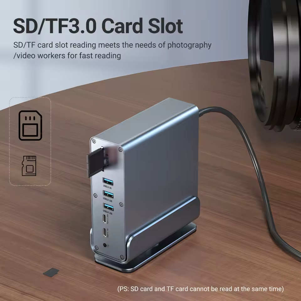 [노트북용 USB-C 도킹 스테이션의 다양한 포트 이미지]