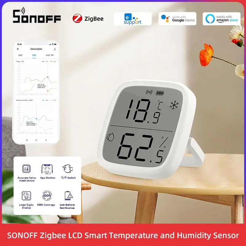 

Умный датчик температуры и влажности SONOFF SNZB-02D Zigbee с ЖК-экраном, удаленный мониторинг в режиме реального времени, Ewelink через Alexa Google Home