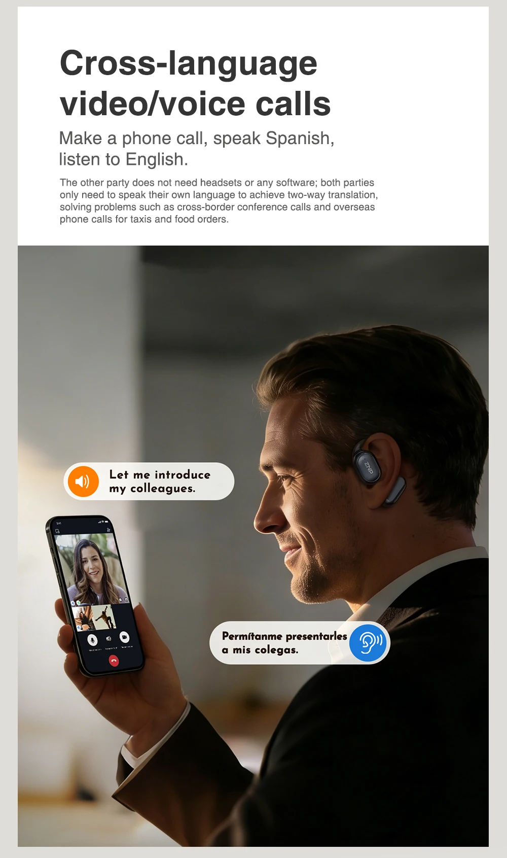 ZNP N01 KI-Übersetzer-Kopfhörer, Sprachübersetzer, kabellose Business-Ohrhörer, IP56 wasserdicht, Sport-Bluetooth-LED-Ohrhörer – Detail 4